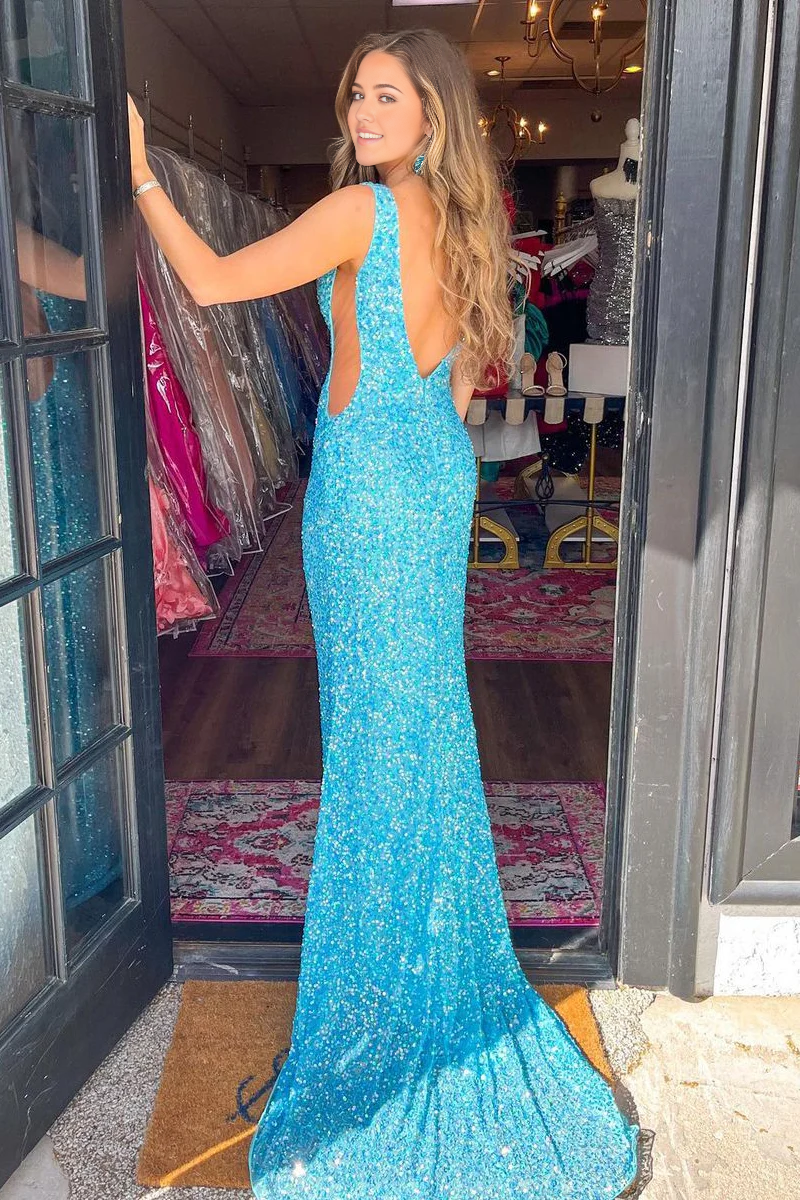 Mermaid V Neck Blue Sequins Long Evening Dresses Prom Dresses