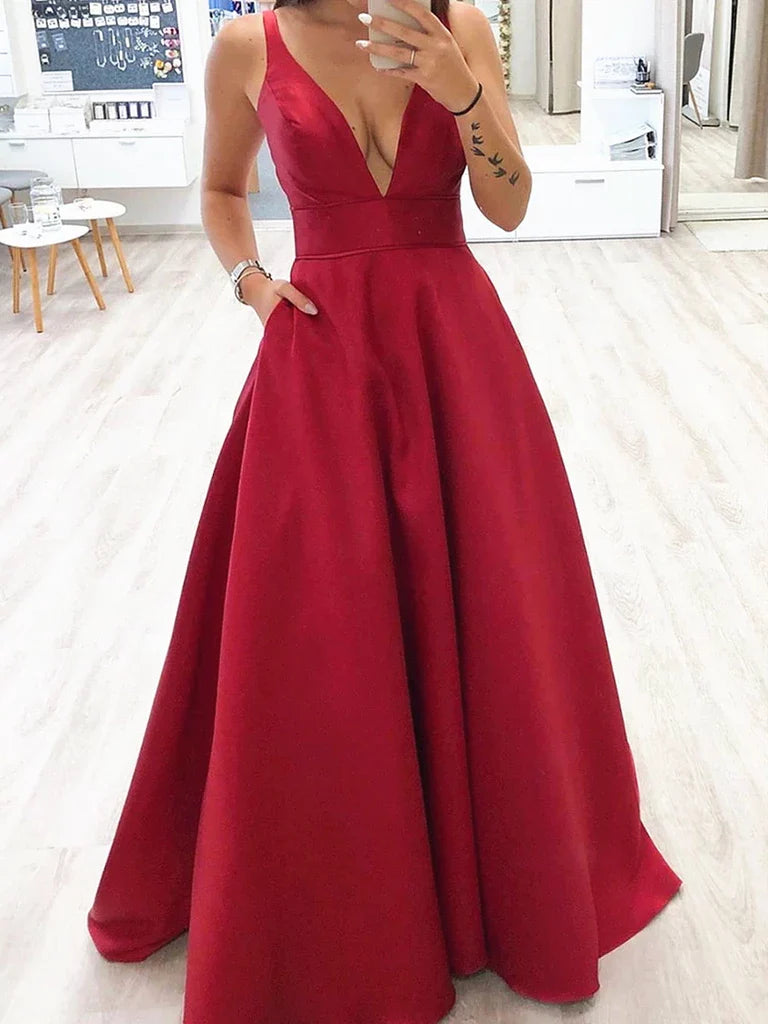 Simple V Neck Long Prom Dresses Formal Evening Graduation Dresses
