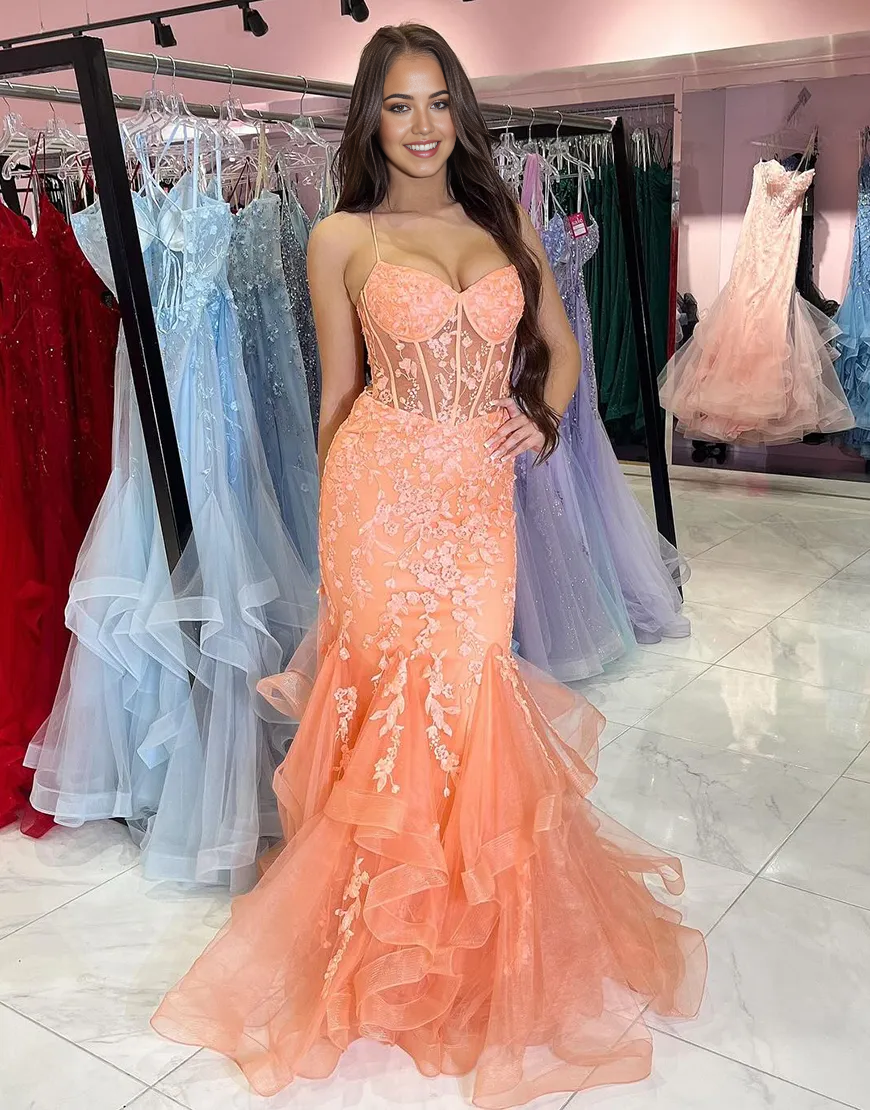 Mermaid Spaghetti Sparkly Straps Corset Appliques Ruffles Tulle Orange formal dresses evening dress Long Prom Dress