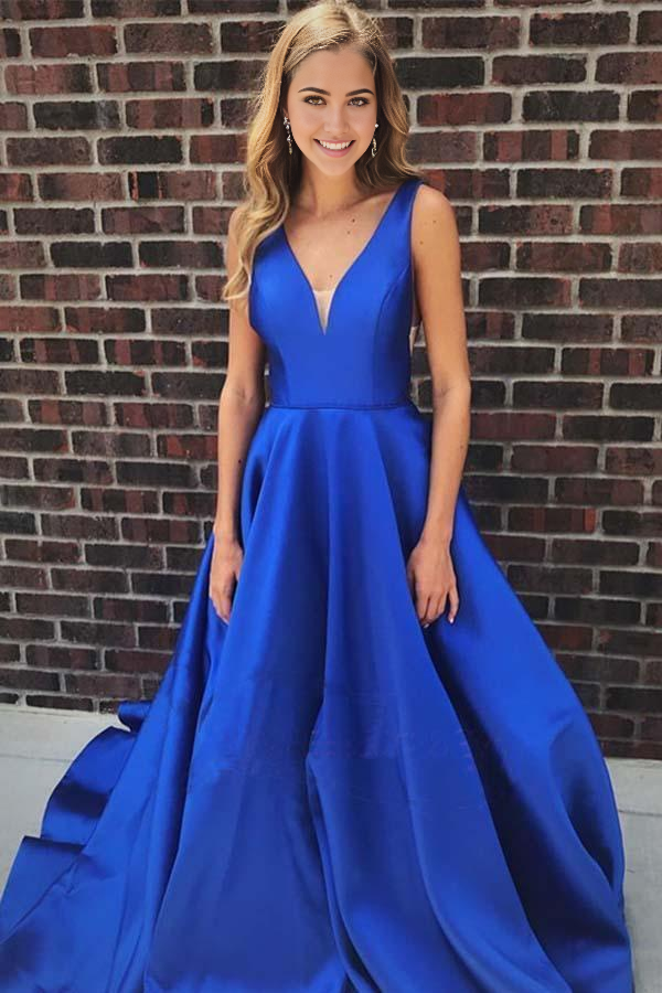 A-line V Neck Satin Simple Prom Dresses Formal Dress