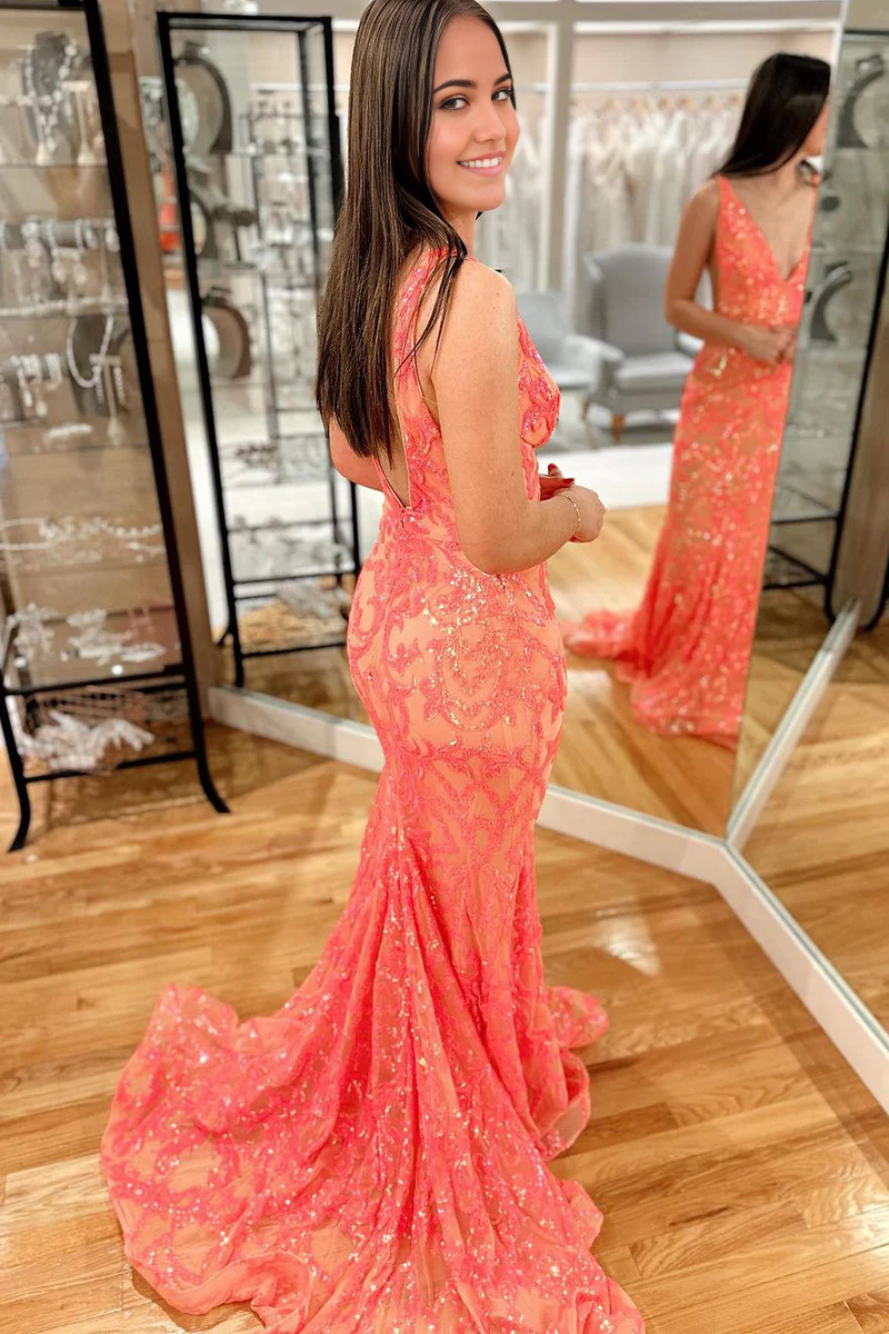 Mermaid V Neck Coral Sequins Prom Dresses Evening Dresses