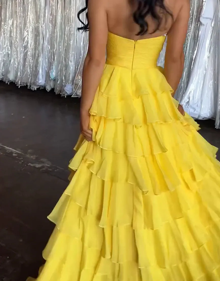 A-Line Strapless Ruffles Ruched Yellow formal dresses evening gown Long Prom Dress