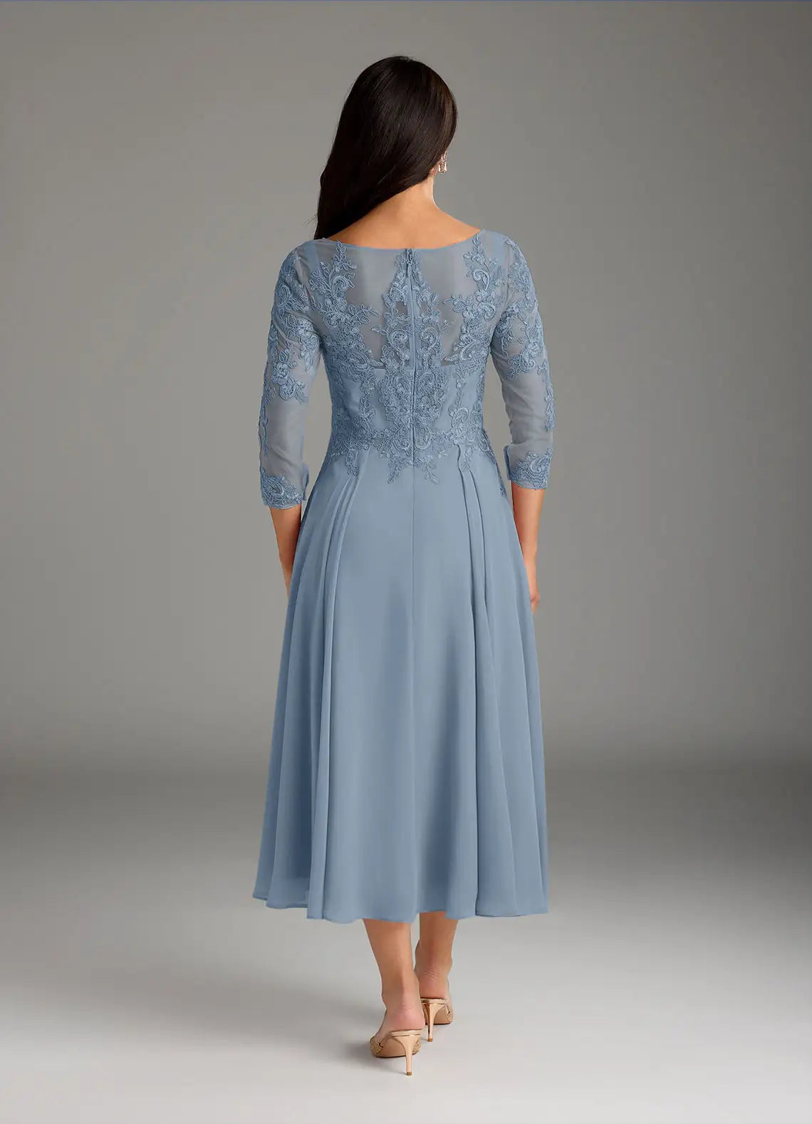 A-Line Scoop Lace Chiffon Dusty Blue Mother of the Bride Dresses