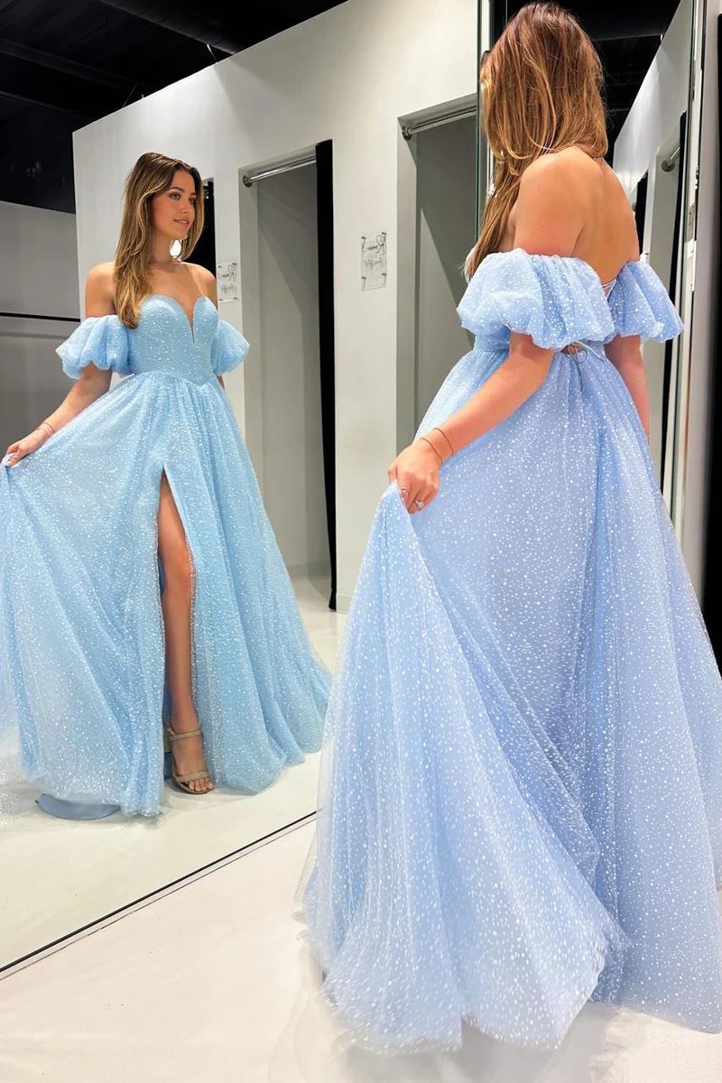 A Line Sweetheart Blue Corset Prom Dress with Slit