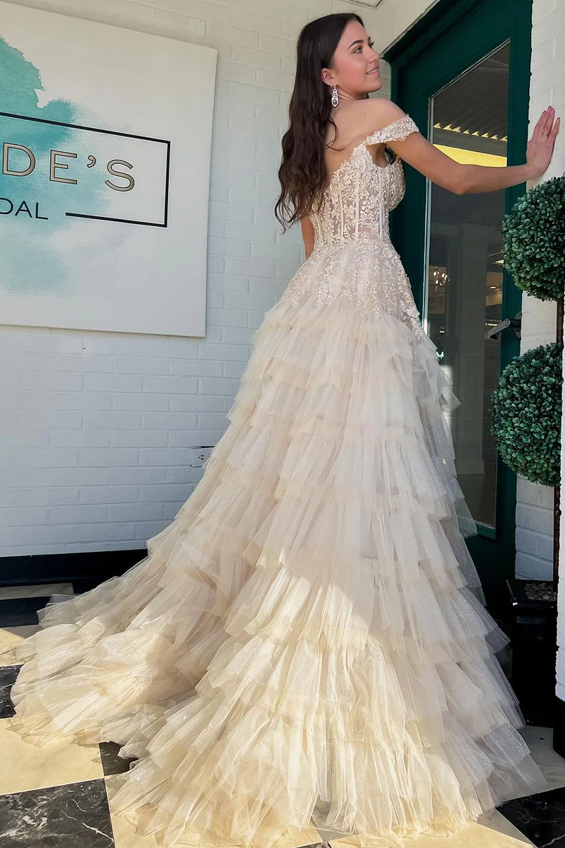 A Line Off the Shoulder Tiered Tulle Champagne Long Prom Dresses