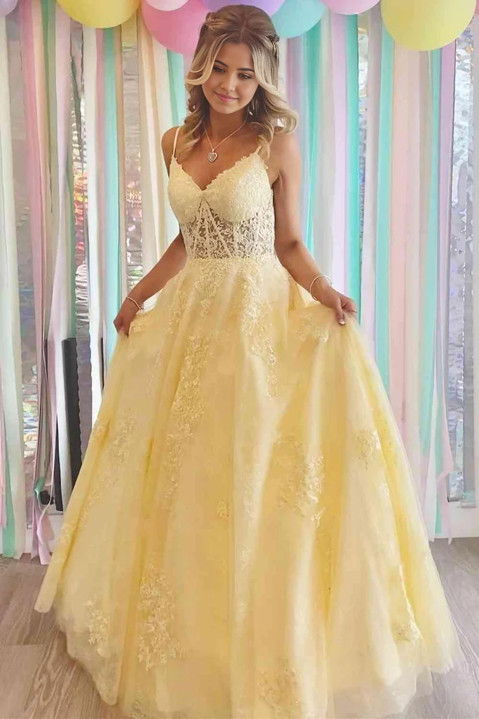 A-line V-Neck Appliques Yellow Long Prom Dress Formal Dress