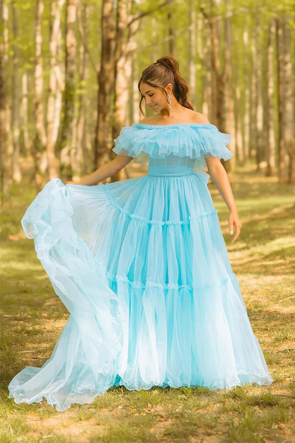A-line Ruffles Off the Shoulder Corset Blue Prom Dress