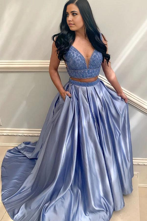 Two Piece V Neck Blue Satin Prom Dress Evening Dress With Beading