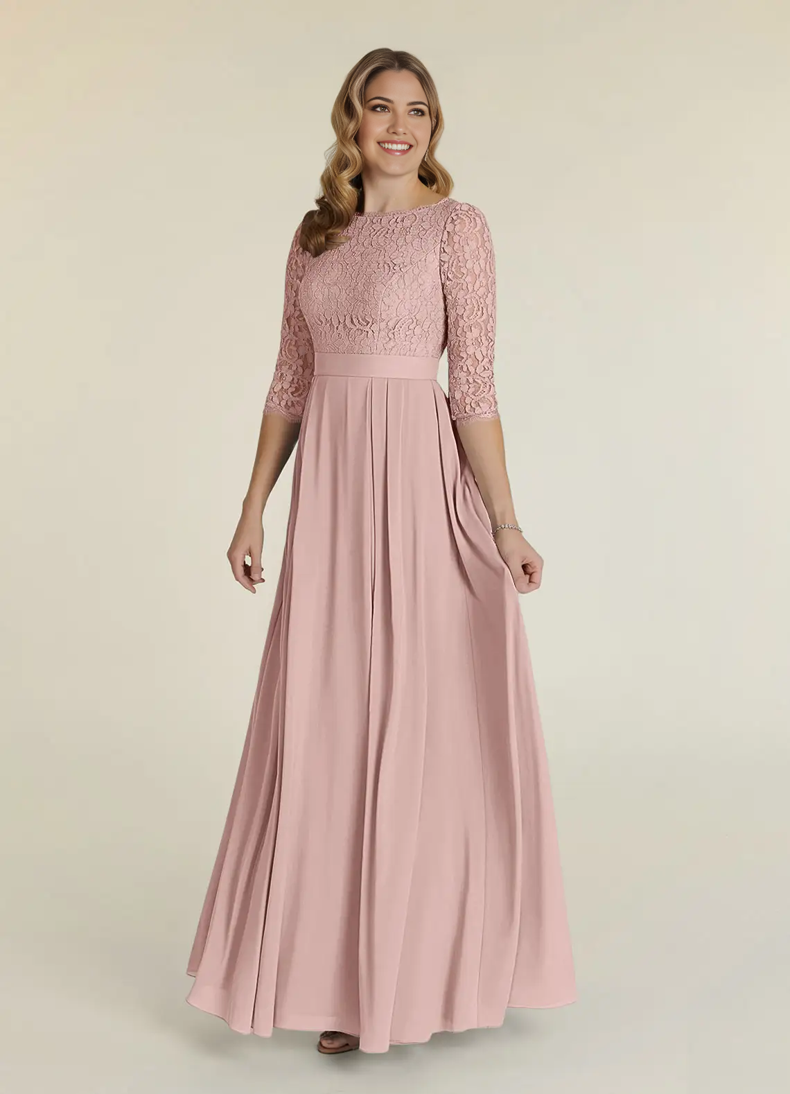 A-Line Crew Neck Lace Dusty Rose formal dresses evening dress Mother of the Bride Dresses