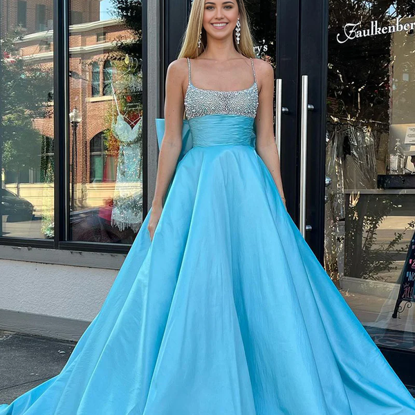 Square Neck Blue Satin Charming Ball Gown Long Prom Dresses with Beadi – BL Dress