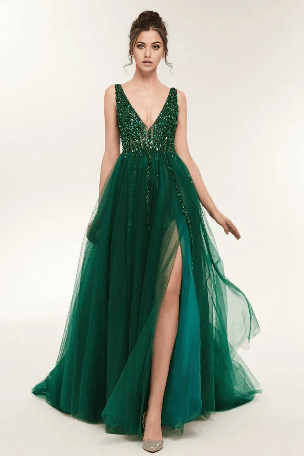 A-line V Neck Green Open Back Tulle Long Prom Dresses With Sequins
