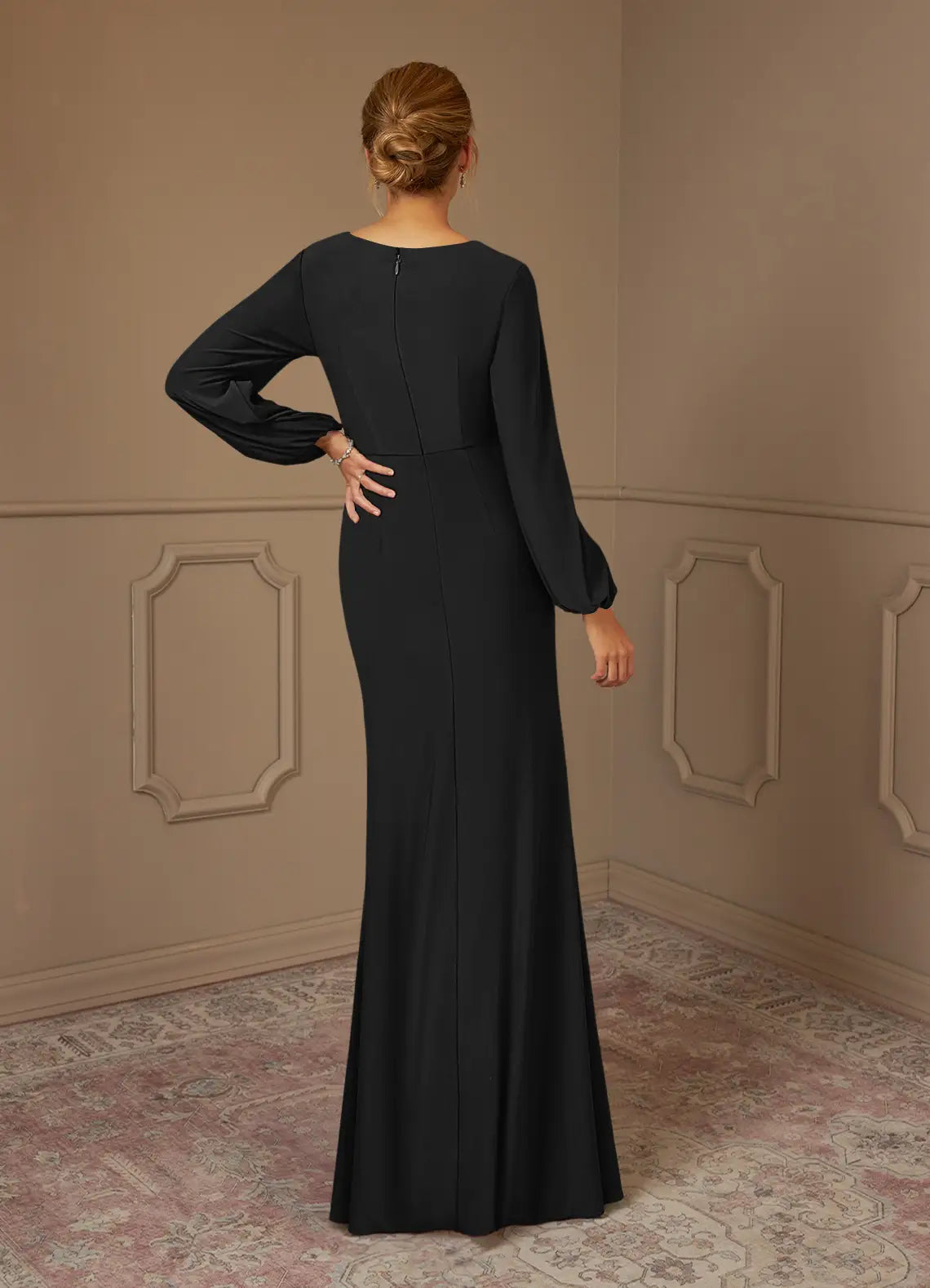 Sheath Pleated Long Sleeve Black formal dresses evening dress Mother of the Bride Dresses