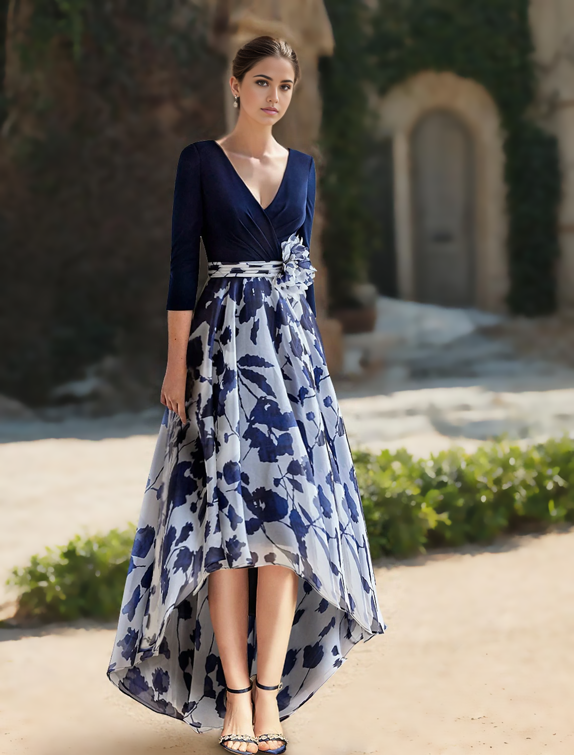 A-Line V Neck Floor Length Chiffon 34 Length Sleeve Floral Mother of the Bride Dress