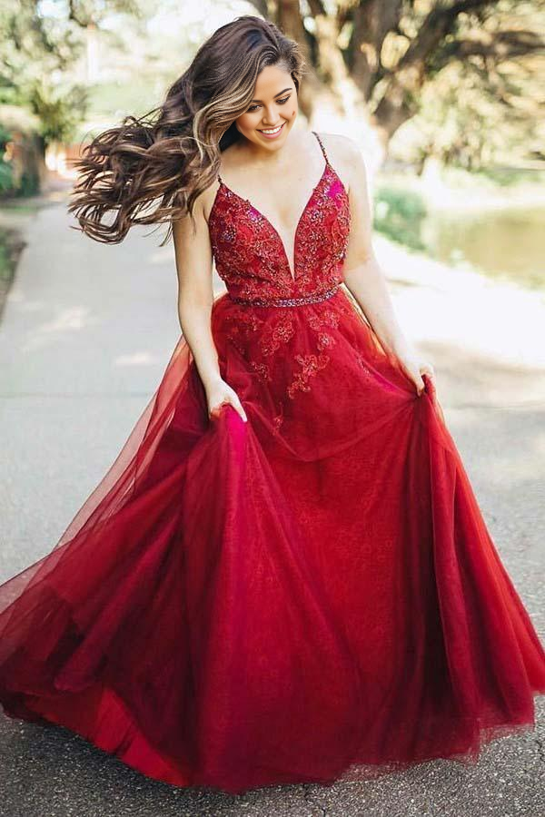 A-Line Spaghetti Straps Appliques Burgundy Prom Party Dress with Beading