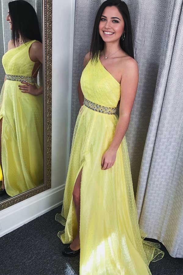 Classic One Shoulder Ruched Yellow Long Prom Dress Formal Dress