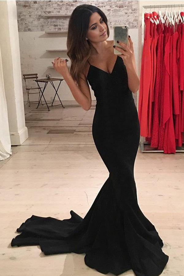 Mermaid Spaghetti Straps Sweep Train Black Satin formal dresses evening gown Prom Dress