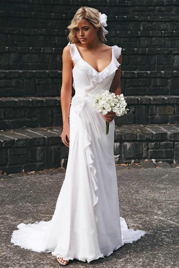 Elegant V-neck Chiffon Ruffles Sleeveless Bridal Gowns Wedding Dress