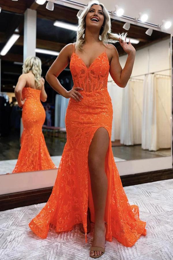 Mermaid V Neck Glitter Slit Split Orange Prom Dresses Evening Dress