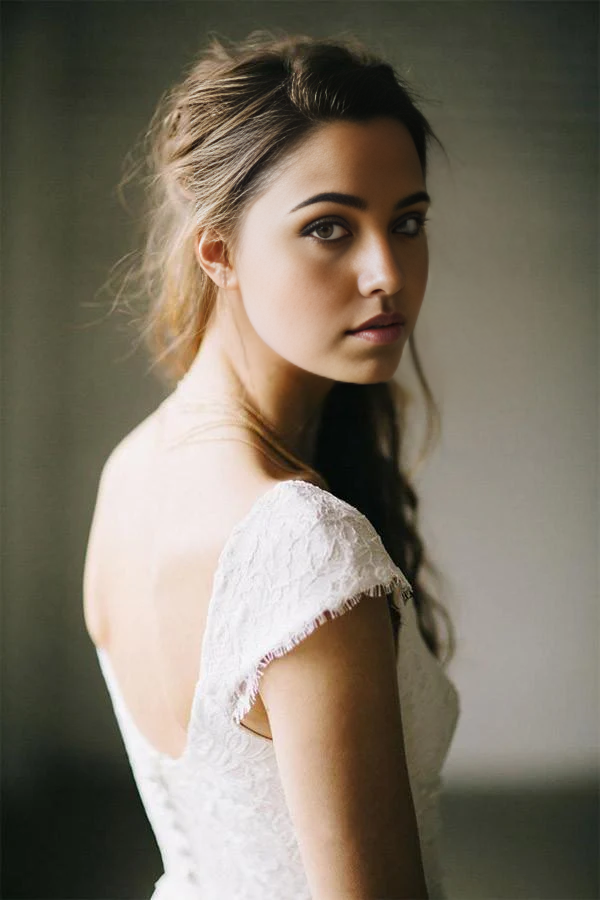 A-Line Lace Cap Sleeve Vintage Chiffon Ivory Wedding Dresses