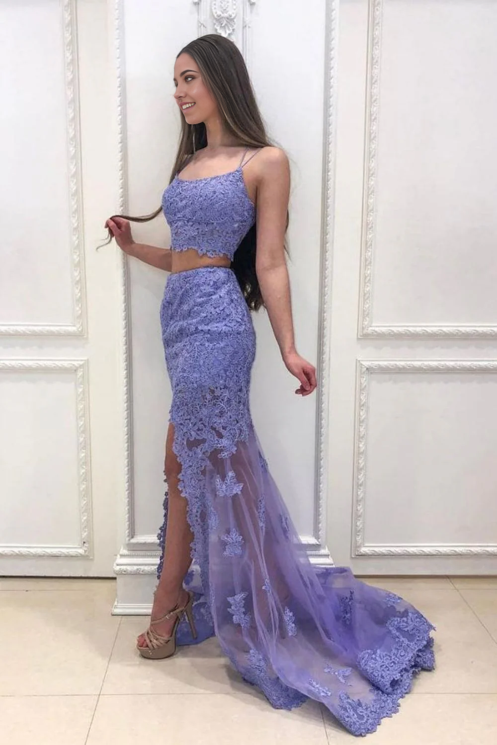 Two Piece Mermaid Spaghetti Straps Lavender Lace Long evening gown Prom Dress