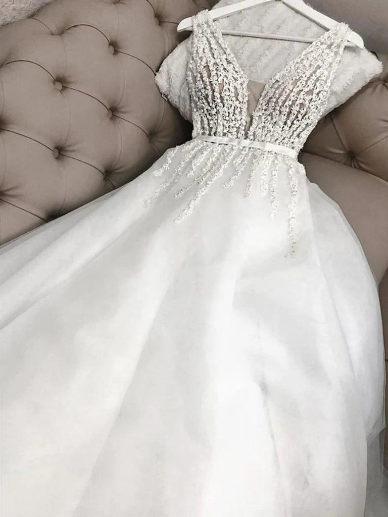 A-line V Neck Tulle Tea Length Prom Dress Formal Evening Dress