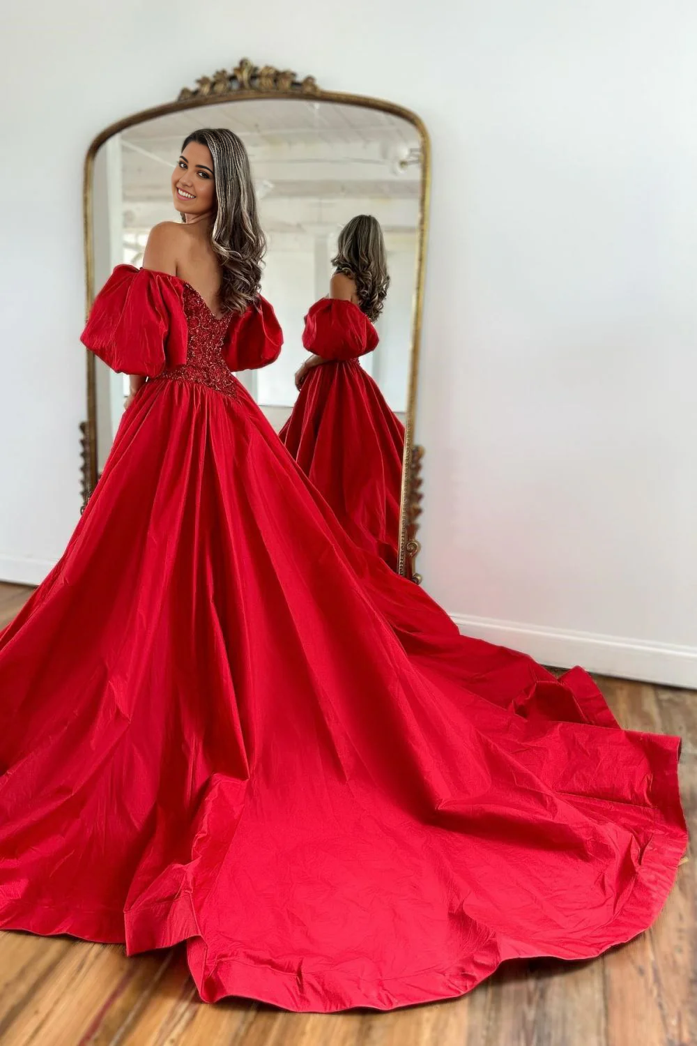 A-Line Off The Shoulder Court Train Satin Red Prom Dress With Split