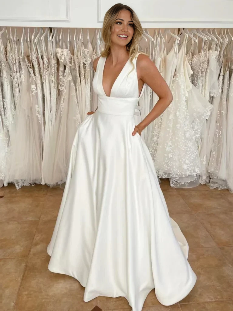 A Line V Neck White Satin Long Prom Dresses Formal Evening Dresses Wedding Dresses