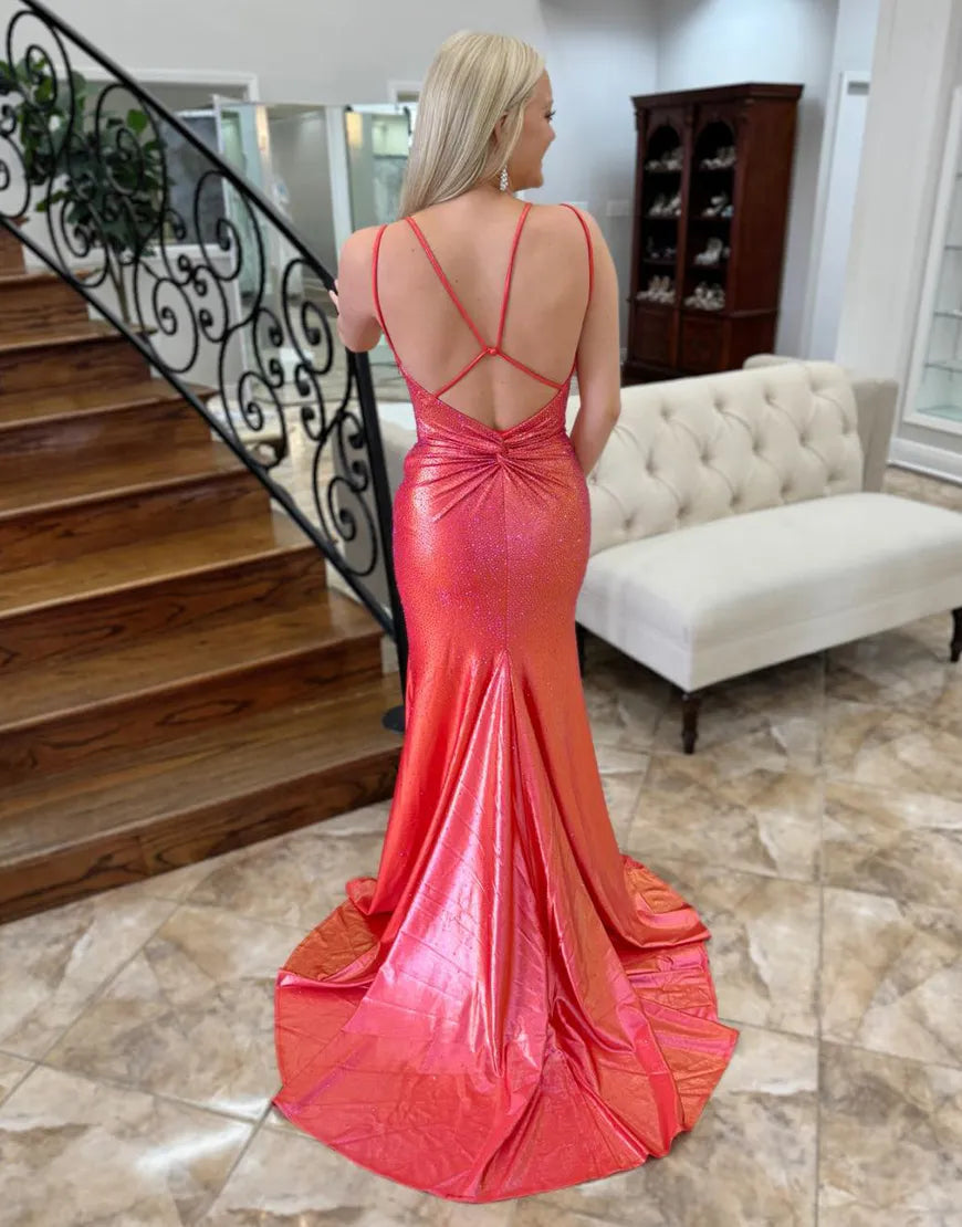 Mermaid Sparkly Double Spaghetti Straps Beading Red Long formal dresses evening gown Prom Dress