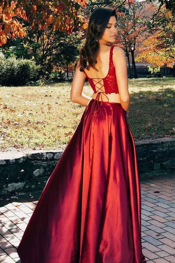 Two Pieces Scoop Sleeveless Burgundy Split Criss Cross Back Prom Dress