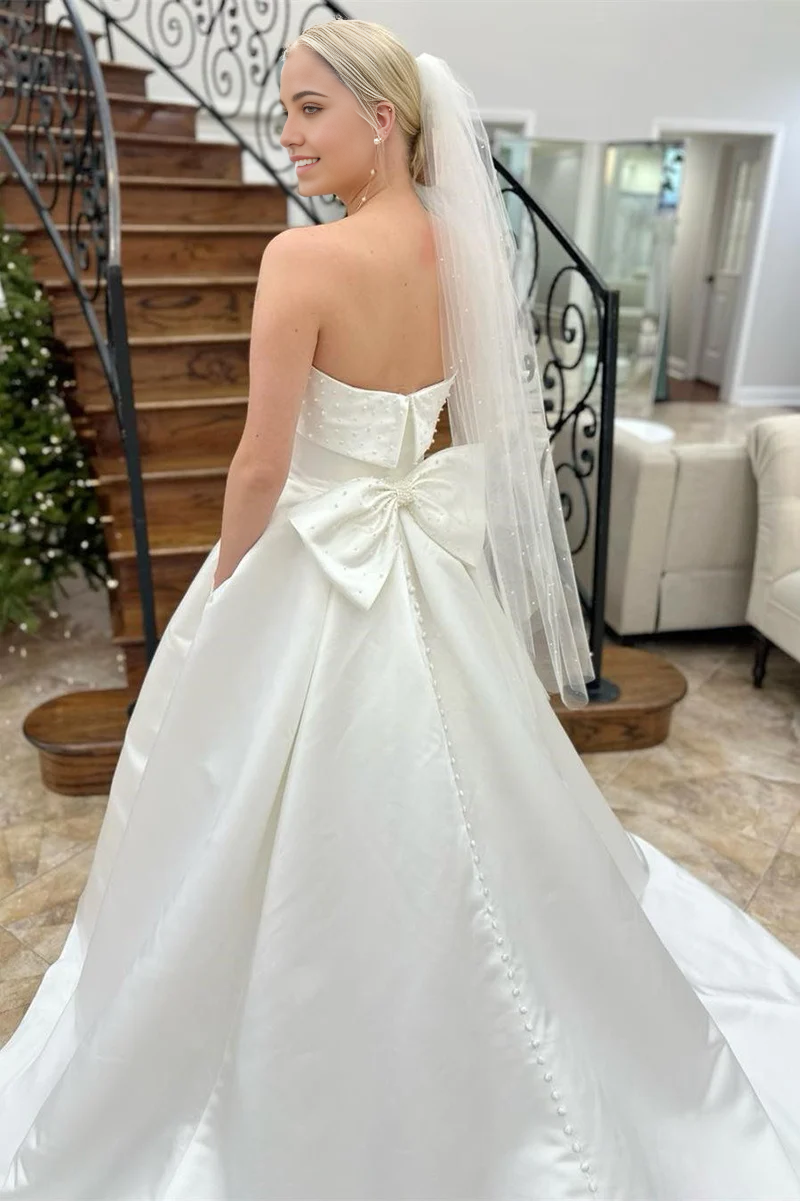 A-Line Strapless Bow-Back Pearls Wedding Dress