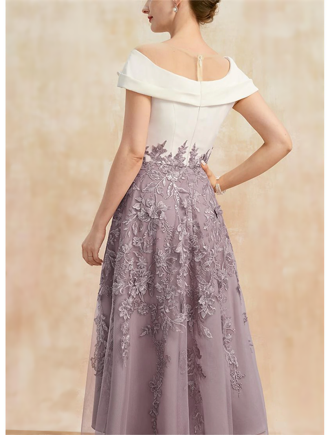 A-Line Mother of the Bride Dress Elegant Vintage Party Cowl Neck Bateau Neck Illusion Neck Ankle Length Tea Length Lace Stretch Fabric Short Sleeve Cap Sleeve with Bow(s) Ruched Appliques