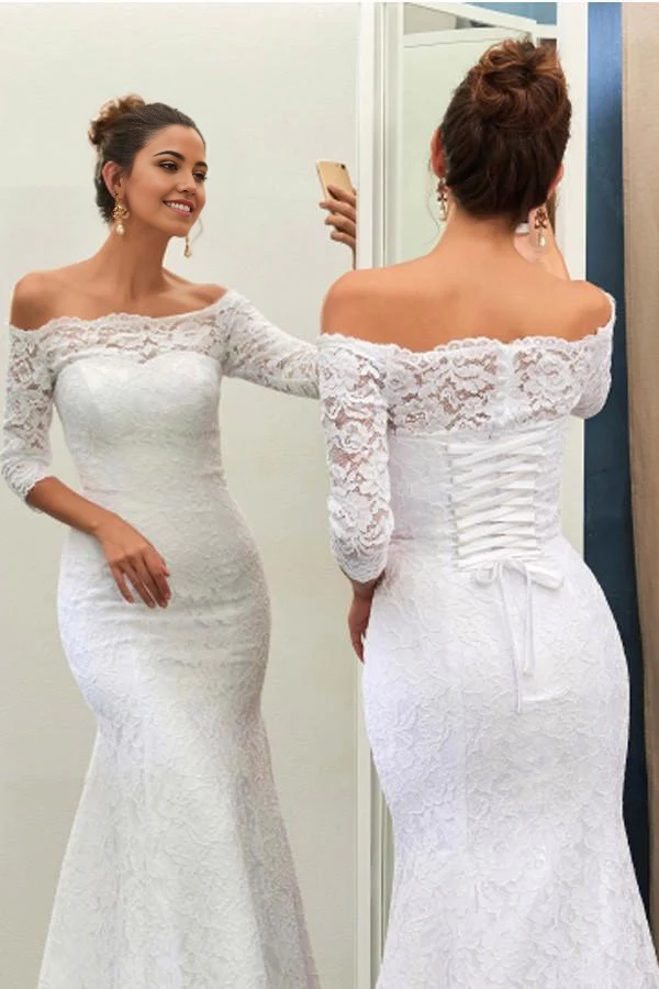Mermaid Off-The-Shoulder 3/4-Length Sleeves Lace-Up Wedding Dress