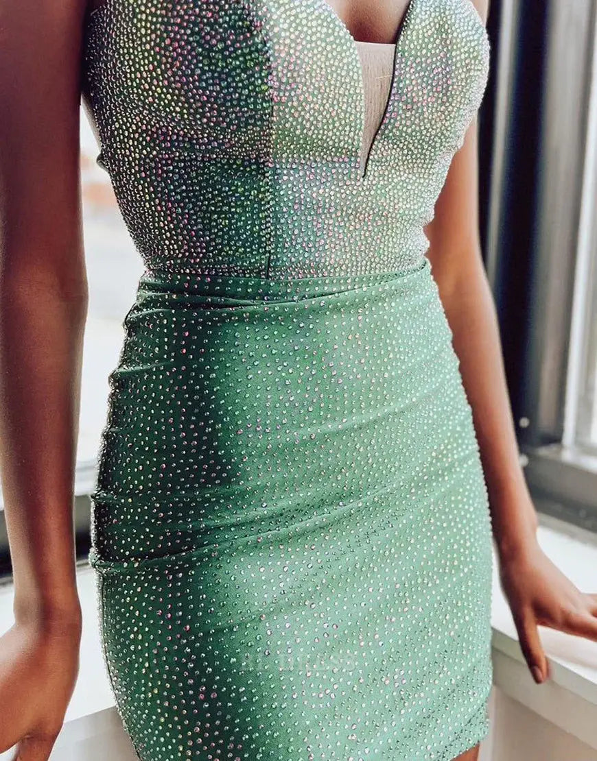 Etuikleid mit V-Ausschnitt, glitzernden Spaghettiträgern, engen grünen Abendkleidern, Brautjungfernkleidern, Abendkleid, Ballkleid, Heimkehrkleid