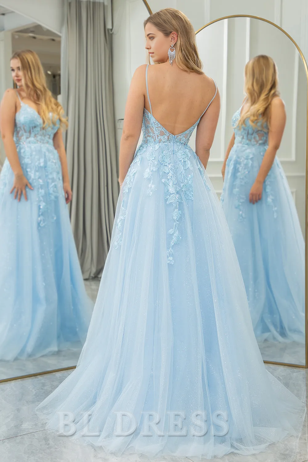 A Line Backless Long Tulle Light Blue formal dress evening gown Prom Dress With Appliques