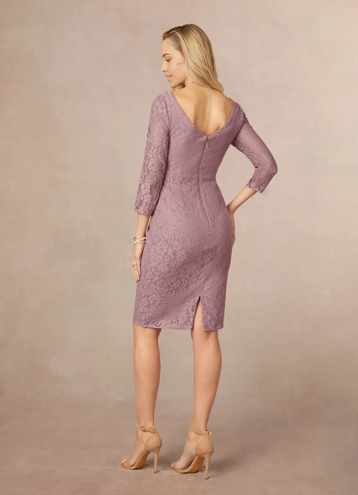 Sheath Lace Tea Length Dusty Rose formal dresses evening dress Mother of the Bride Dresses