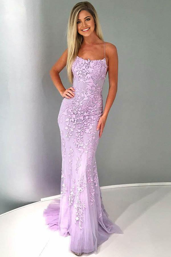 Mermaid Spaghetti Straps Lilac Tulle Prom Dress Evening Dress with Appliques