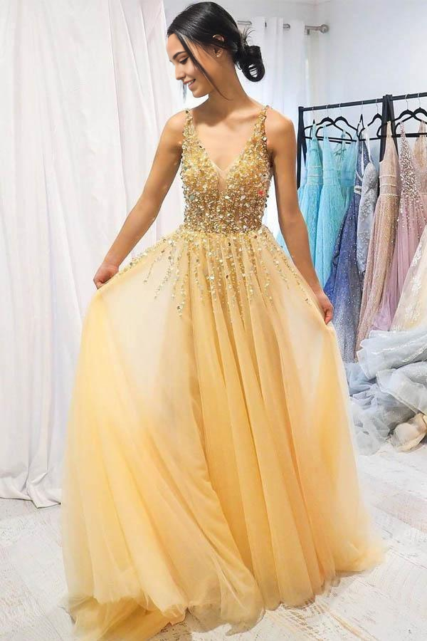 A-line Sparkly V neck Yellow Long Prom Dresses Gorgeous Formal Dresses