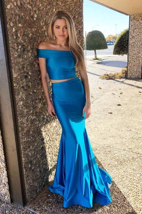 Two Piece Mermaid Satin Off The Shoulder Prom Dresses Formal Dress