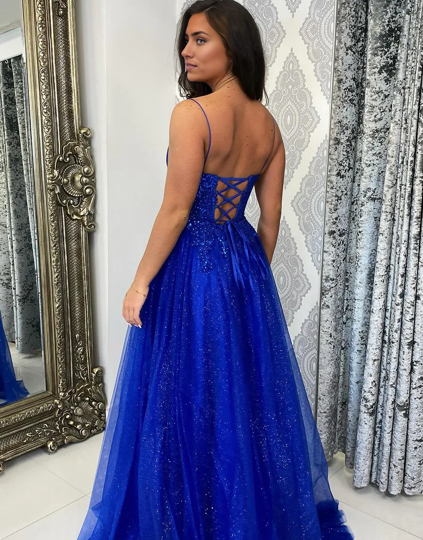 A-Line Spaghetti Straps Corset Appliques Tulle Long Sparkly Royal Blue formal dresses evening dress Prom Dress with Slit