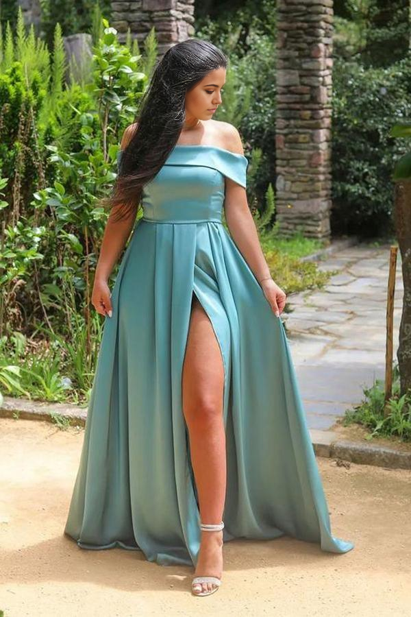 A-line Off-the-shoulder Neckline Satin Prom Dresses Evening Dresses