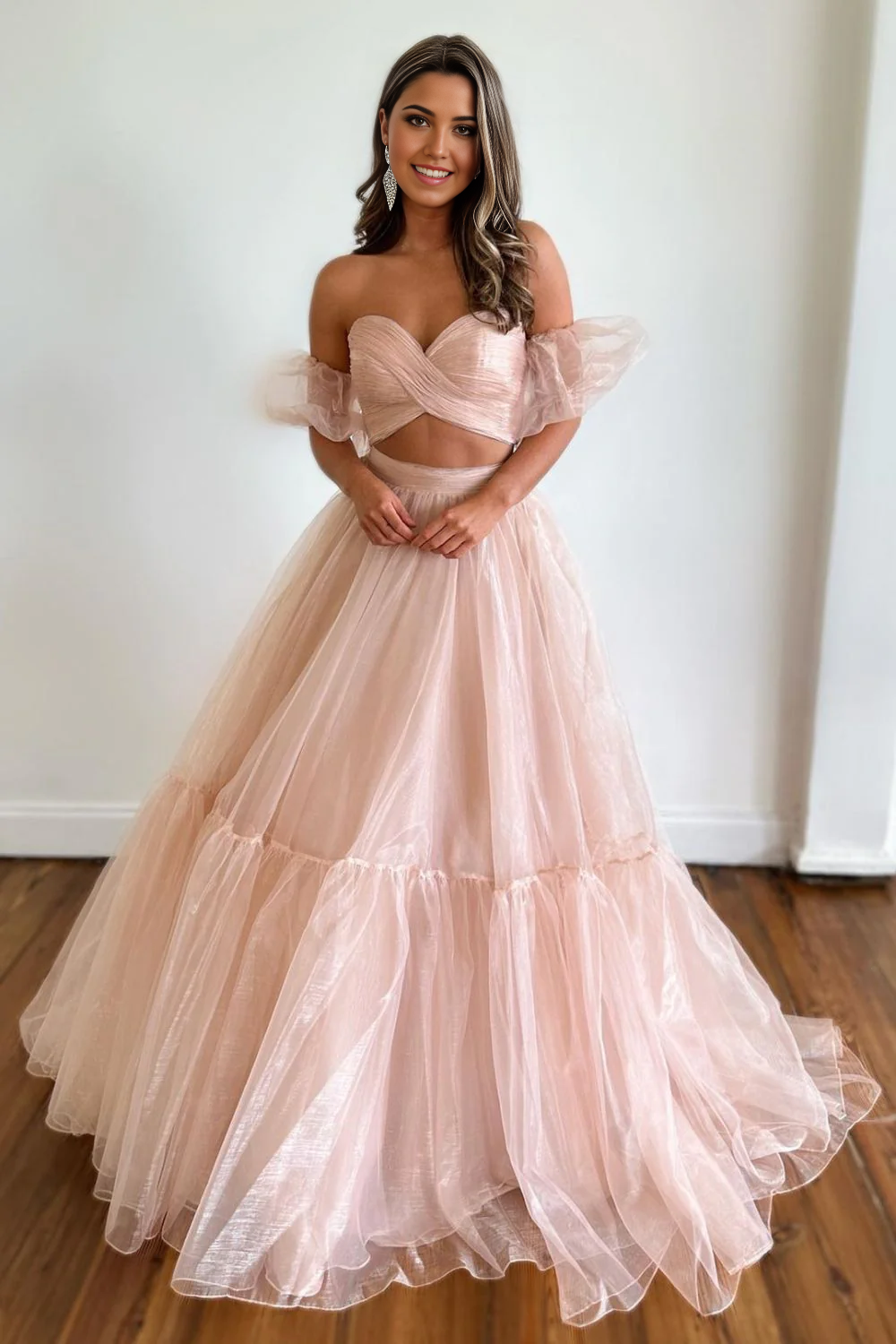 A-Line Sweetheart Long Tulle Prom Dress With Detachable Sleeves
