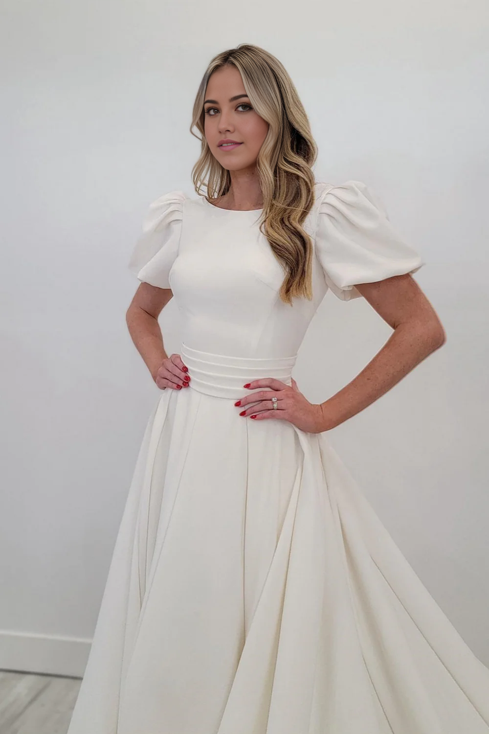 A-line Puff Sleeves Satin Sweeping Long Wedding Dress
