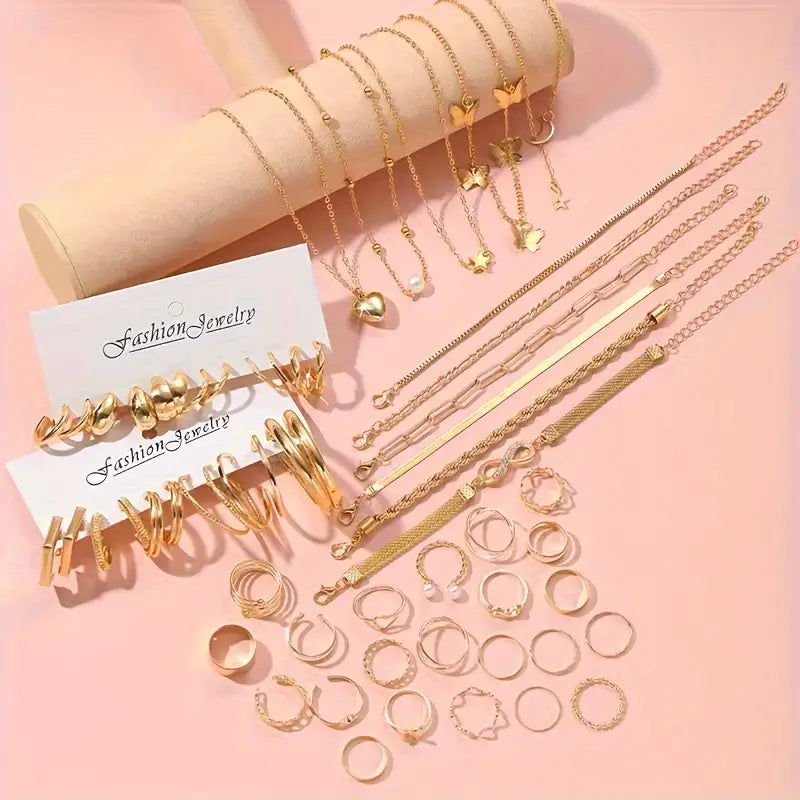 57-Piece Golden Jewelry Set - Luxurious Necklaces, Rings, Earrings & Bracelets - Elegant & Delicate Design - Perfect Gift for Her