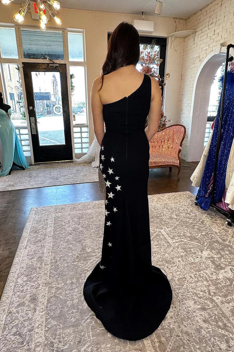 Mermaid One Shoulder Black Satin Long Prom Dress with Slit