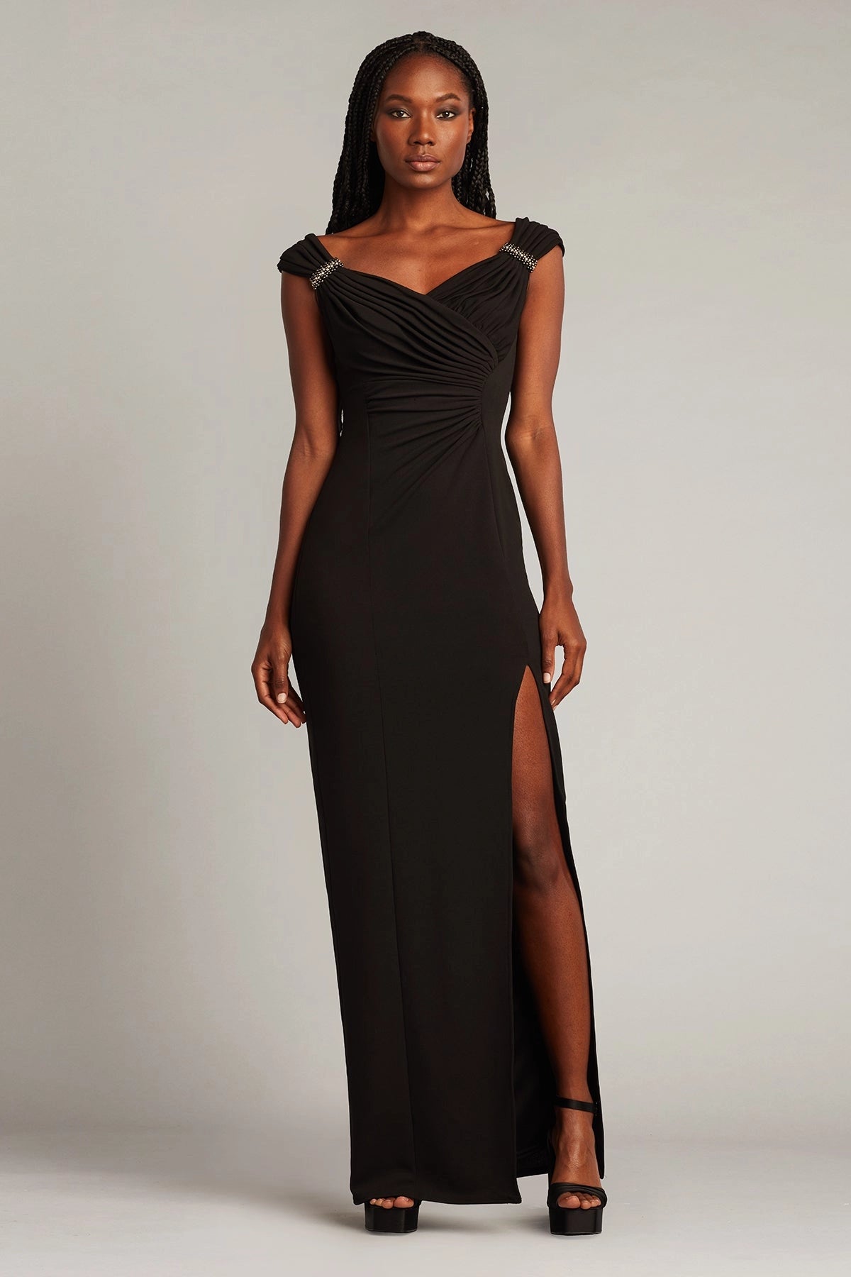 Black Off-the-Shoulder Ruched Rhinestone Slit Sheath Evening Dress