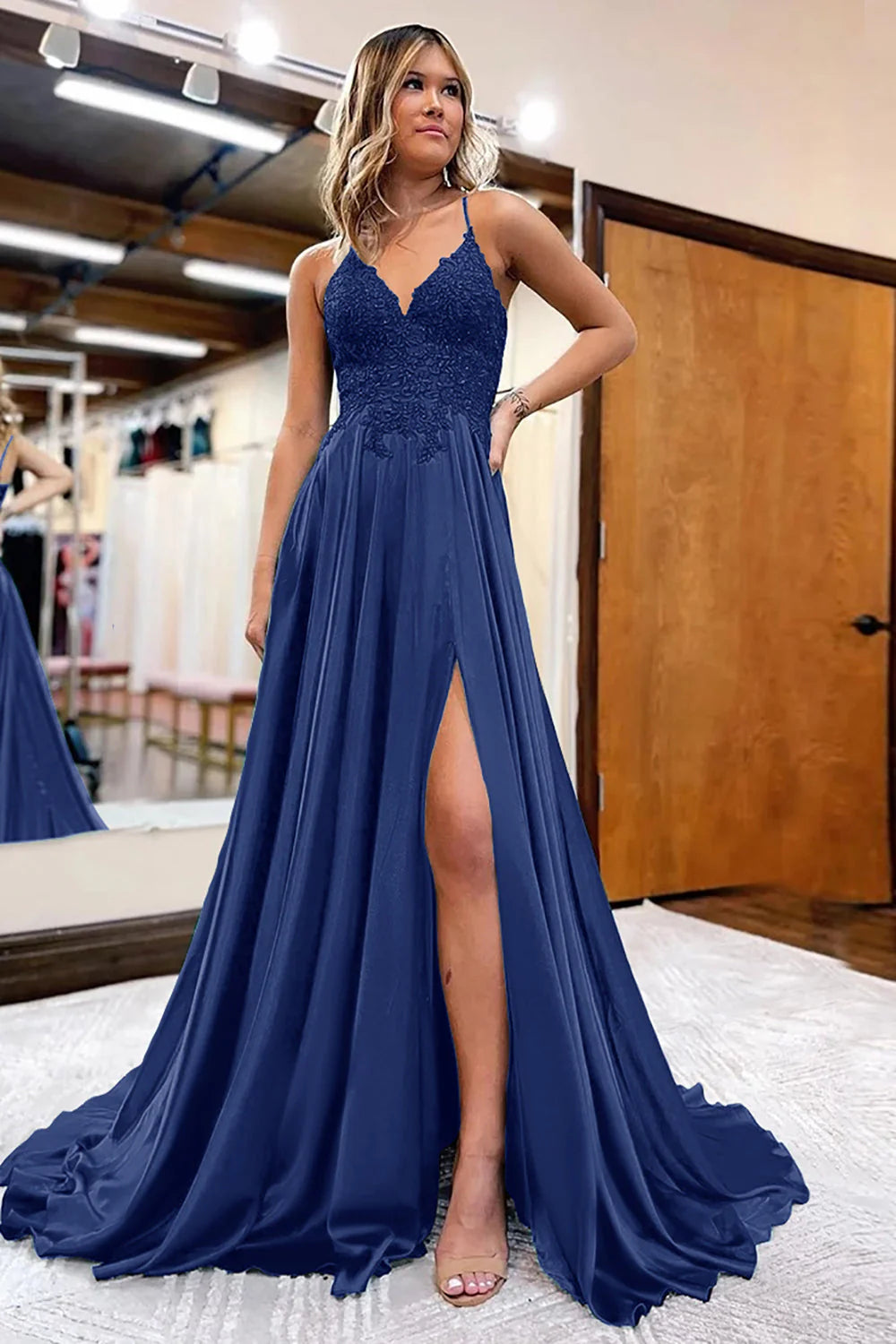 A-Line Appliques Satin Prom Dress with Slit