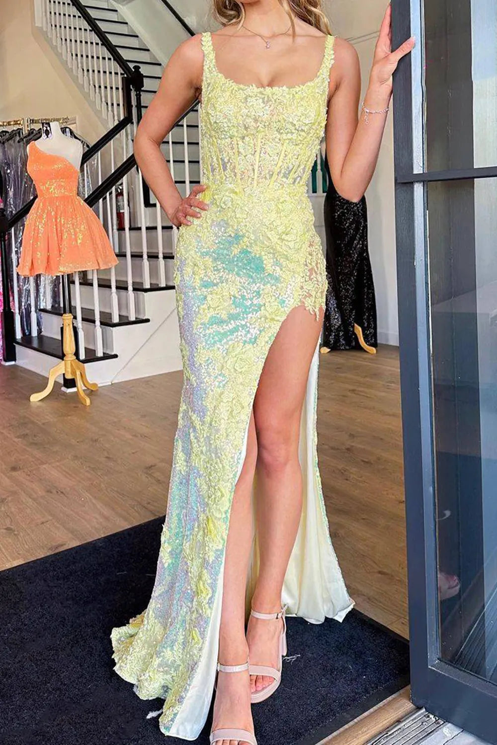 Mermaid Square Neck Corset Prom Dress with Split Front