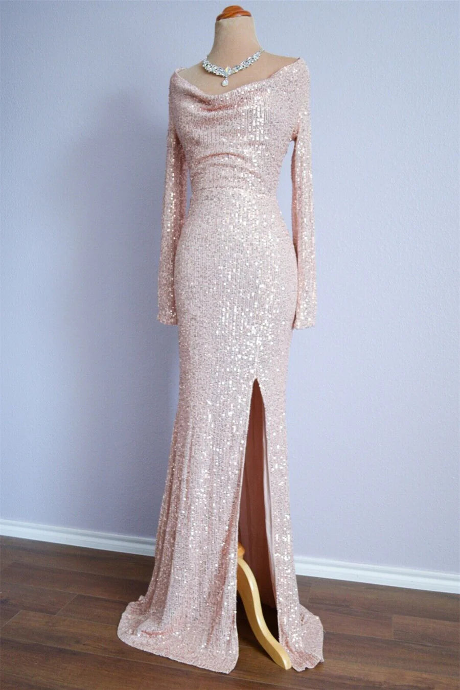 Mermaid Cowl Neck Sequins Long Prom Dresses Formal Dress