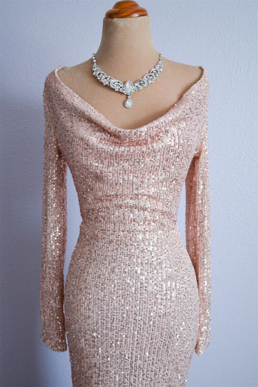 Mermaid Cowl Neck Sequins Long Prom Dresses Formal Dress