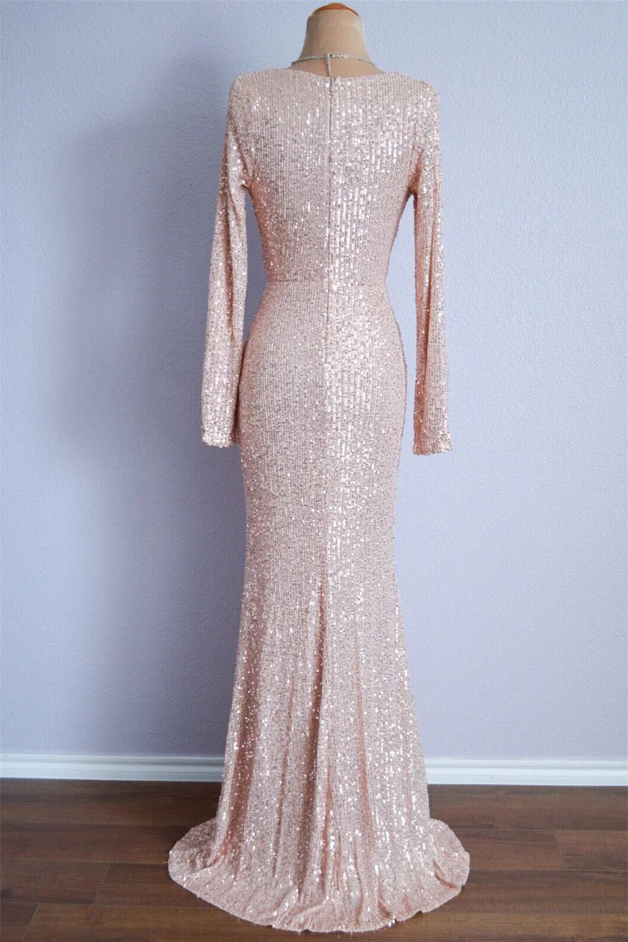 Mermaid Cowl Neck Sequins Long Prom Dresses Formal Dress